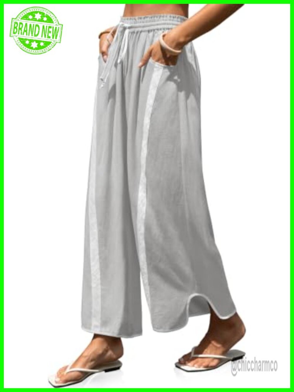 Womens Linen Wide Leg Pants Baggy Drawstring Elastic Waist Casual